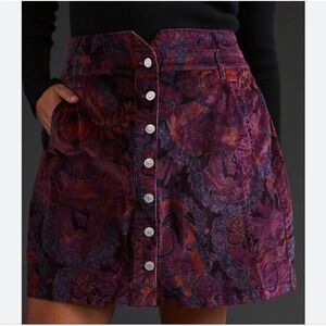 Anthropologie Pilcro Floral Corduroy Button‎ Front Mini Skirt Size 00